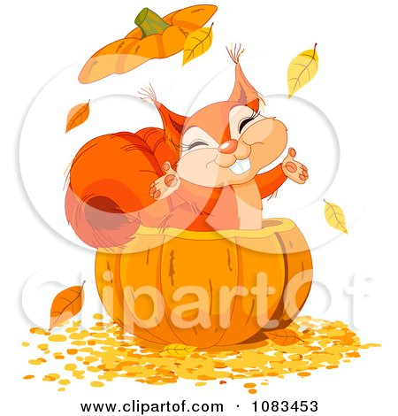Clipart Happy Squirrel With Autumn Leaves In A Pumpkin - Royalty Free Vector Illustration by Pushkin