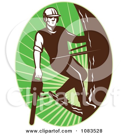 Clipart Retro Tree Arborist Climbing With A Chainsaw 2 - Royalty Free Vector Illustration by patrimonio