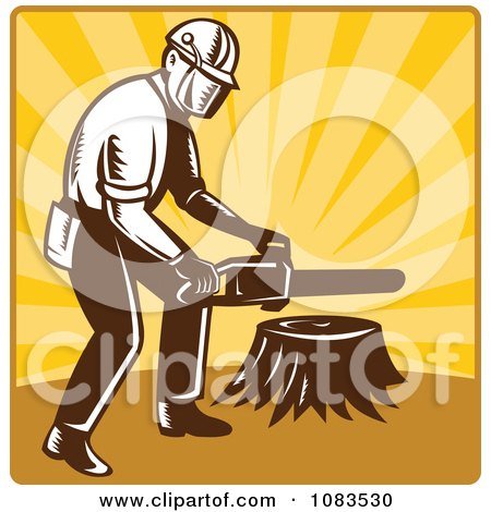 Clipart Retro Tree Arborist Holding A Chainsaw Over A Stump - Royalty Free Vector Illustration by patrimonio