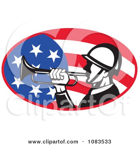 Clipart Retro Soldier Playing A Bugle Over An American Flag - Royalty Free Vector Illustration by patrimonio