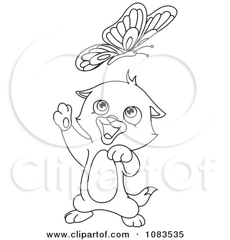 Clipart Outlined Cute Cat Chasing A Butterfly - Royalty Free Vector Illustration by yayayoyo