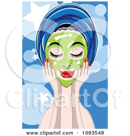 Clipart Woman With A Green Facial Mask Over Blue - Royalty Free Vector Illustration by mayawizard101