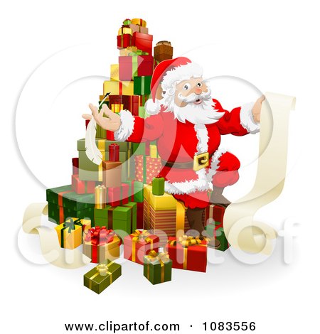 Clipart 3d Santa Sitting On A Stack Of Gifts With His List - Royalty Free Vector Illustration by AtStockIllustration