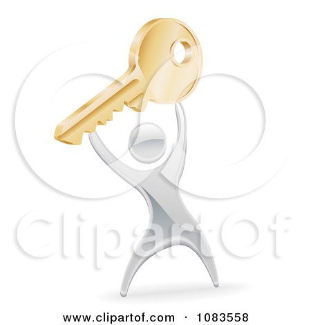 Clipart 3d Silver Man Holding Up A Gold Key - Royalty Free Vector Illustration by AtStockIllustration