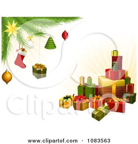 Clipart Stack Of 3d Gifts Under A Christmas Tree With Festive Ornaments - Royalty Free Vector Illustration by AtStockIllustration