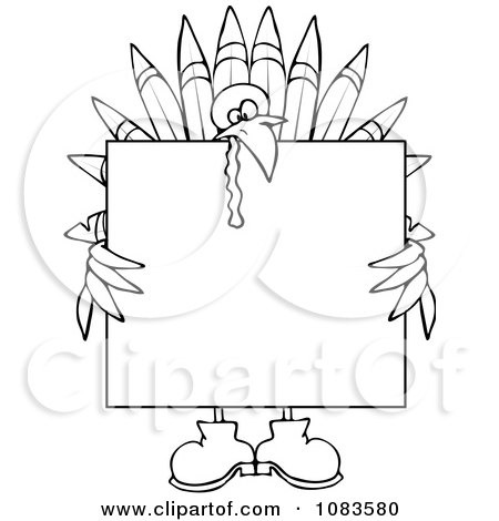 Clipart Outlined Turkey Holding A Thanksgiving Sign - Royalty Free Vector Illustration by djart
