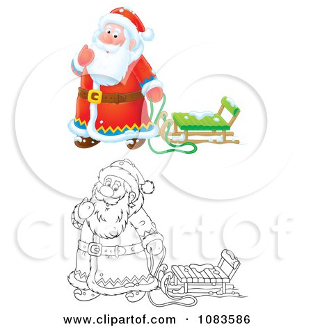 Clipart Outlined And Colored Santas Playing In The Snow With A Sled - Royalty Free Vector Illustration by Alex Bannykh