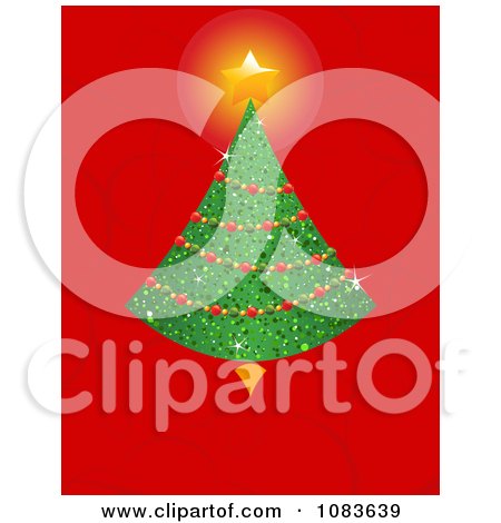 Clipart Christmas Tree With A Shining Star On Red With Swirls - Royalty Free Vector Illustration by Pushkin