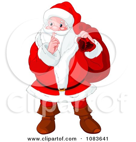 Clipart Santa Covering His Mouth With His Finger And Carrying His Bag - Royalty Free Vector Illustration by Pushkin