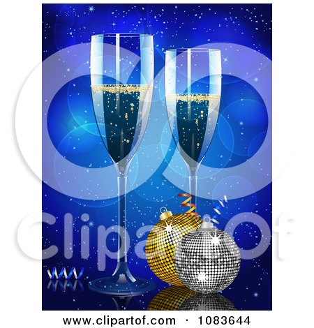 Clipart 3d Champagne Glasses And Baubles Against Blue - Royalty Free Vector Illustration by elaineitalia