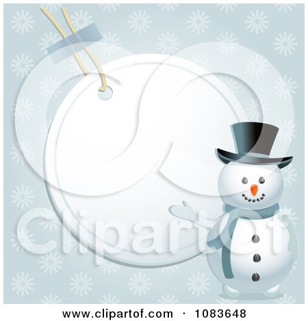 Clipart 3d Snowman Presenting A Blank Label Background - Royalty Free Vector Illustration by elaineitalia