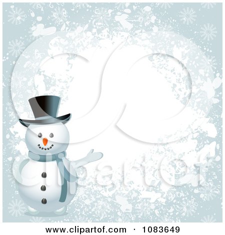 Clipart 3d Snowman Presenting A Grungy Blue Background - Royalty Free Vector Illustration by elaineitalia