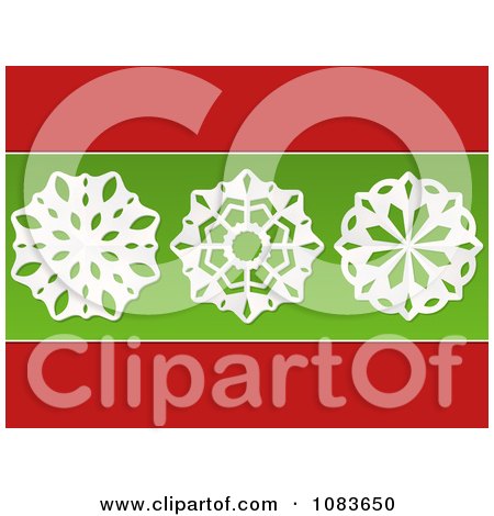 Clipart 3d White Paper Snowflakes On Green And Red - Royalty Free Vector Illustration by elaineitalia