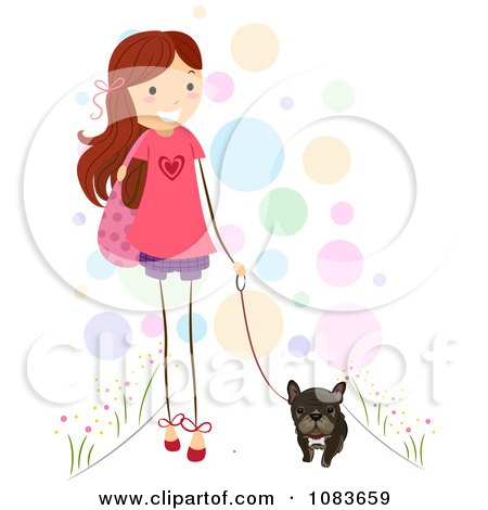 Clipart Cute Stick Girl Walking Her Brindle French Bulldog - Royalty Free Vector Illustration by BNP Design Studio