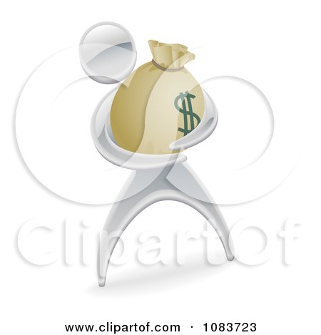 Clipart 3d Silver Man Holding A Money Sack - Royalty Free Vector Illustration by AtStockIllustration