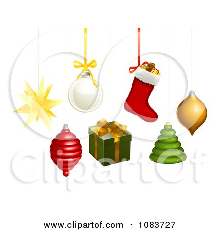 Clipart 3d Hanging Star Spinner Bauble Gift Stocking Tree And Orb Christmas Ornaments - Royalty Free Vector Illustration by AtStockIllustration