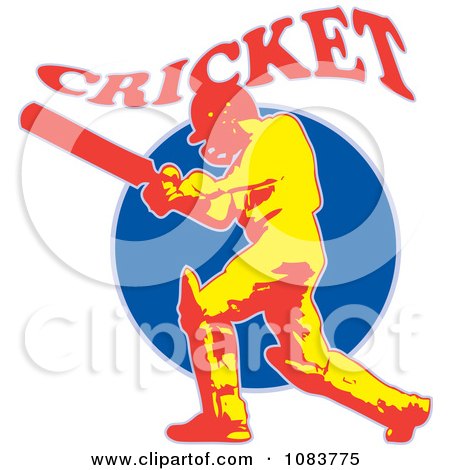 Clipart Cricket Batsman And Blue Circle With Text - Royalty Free Vector Illustration by patrimonio