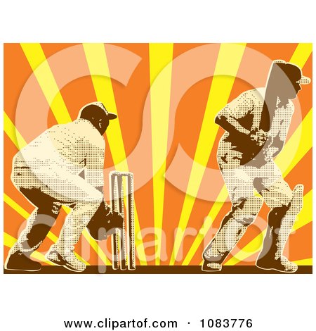 Clipart Cricket Players And Sunshine Rays - Royalty Free Vector Illustration by patrimonio