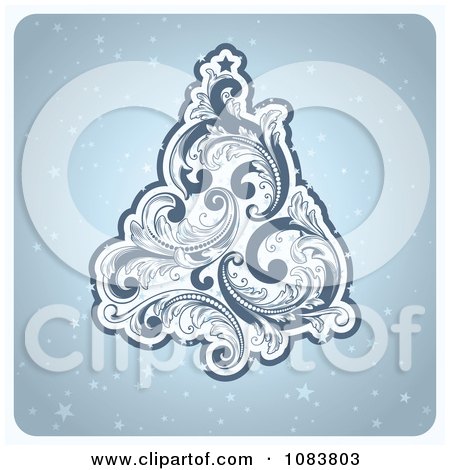 Clipart Retro Blue Flourish Christmas Tree Over Stars - Royalty Free Vector Illustration by elena