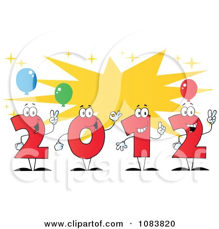 Clipart Red 2012 New Year Characters With A Burst And Party Balloons - Royalty Free Vector Illustration by Hit Toon