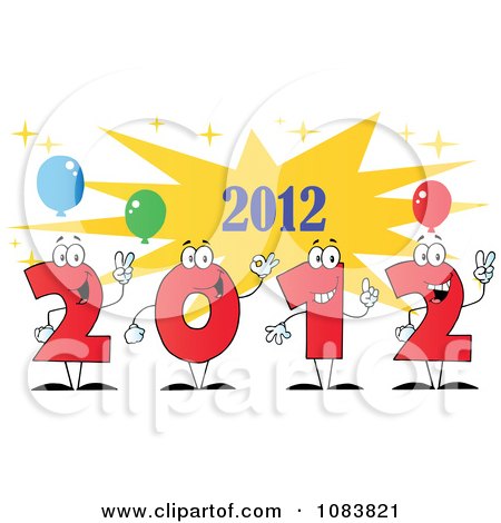 Clipart Red 2012 New Year Characters With Party Balloons - Royalty Free Vector Illustration by Hit Toon
