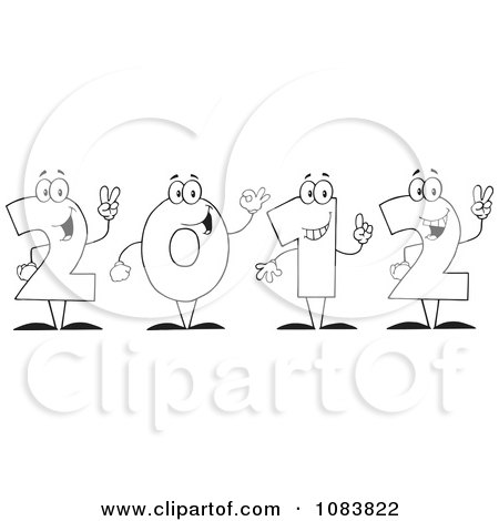 Clipart Outlined 2012 New Year Characters Holding Up Their Number In Fingers - Royalty Free Vector Illustration by Hit Toon