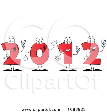 Clipart Red 2012 New Year Characters Holding Up Their Number In Fingers - Royalty Free Vector Illustration by Hit Toon