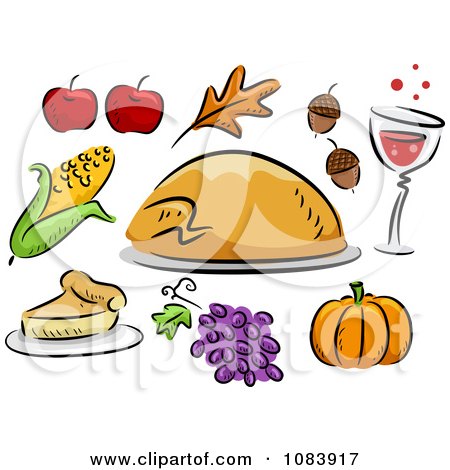 Clipart Thanksgiving Turkey Corn Apple Leaf Acorn Wine Pumpkin Grape And Pie Icons - Royalty Free Vector Illustration by BNP Design Studio