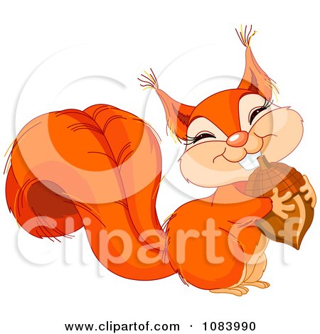 Clipart Cute Squirrel Hugging An Acorn - Royalty Free Vector Illustration by Pushkin