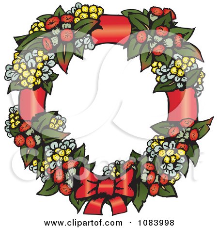 Clipart Christmas Wattle Leaf And Flower Wreath With A Bow - Royalty Free Vector Illustration by Dennis Holmes Designs