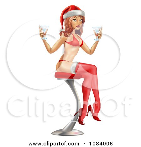 Clipart 3d Christmas Pinup Woman Seated With Drinks On A Stool - Royalty Free Vector Illustration by AtStockIllustration