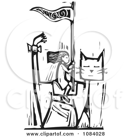 Clipart Girl Riding A Giant Cat Black And White Woodcut - Royalty Free Vector Illustration by xunantunich