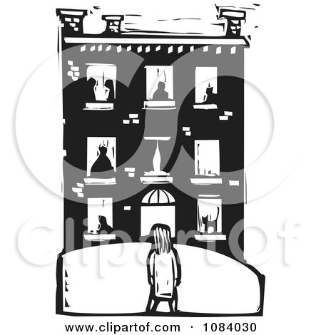Clipart Girl Facing A Building With People In The Windows Black And White Woodcut - Royalty Free Vector Illustration by xunantunich