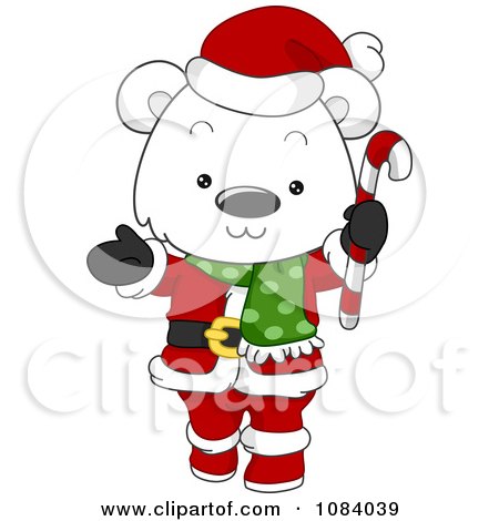 Clipart Christmas Polar Bear Santa Holding A Candy Cane - Royalty Free Vector Illustration by BNP Design Studio