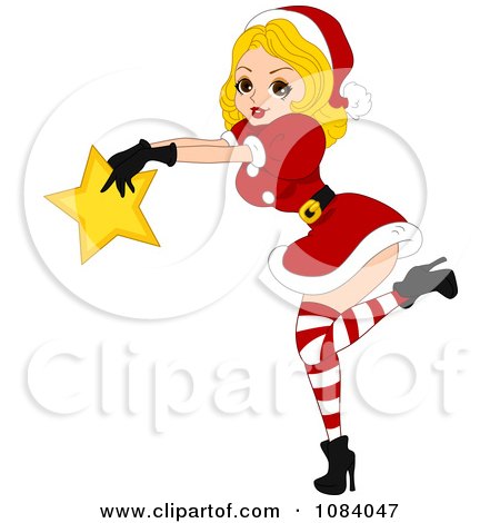 Clipart Christmas Pinup Woman Holding A Star - Royalty Free Vector Illustration by BNP Design Studio