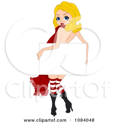 Clipart Christmas Pinup Woman Holding A Sign - Royalty Free Vector Illustration by BNP Design Studio