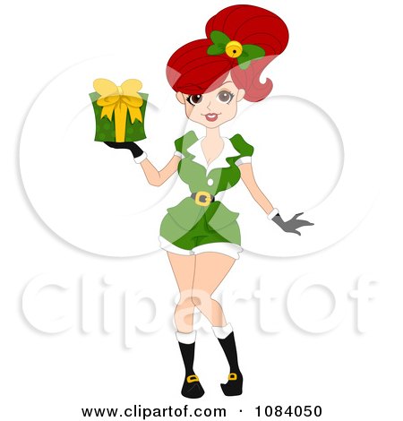Clipart Christmas Pinup Elf Woman Holding A Gift - Royalty Free Vector Illustration by BNP Design Studio