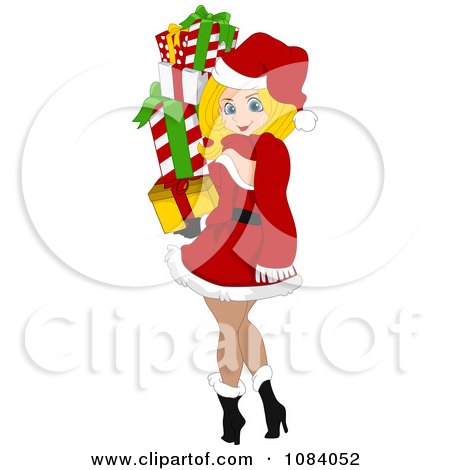 Clipart Christmas Pinup Woman Carrying Gifts - Royalty Free Vector Illustration by BNP Design Studio