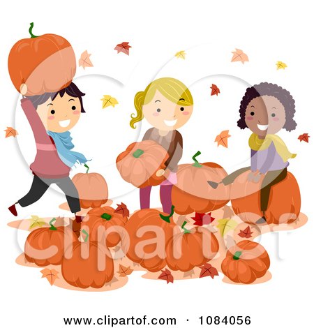 Clipart Stick Children Playing With Pumpkins - Royalty Free Vector Illustration by BNP Design Studio