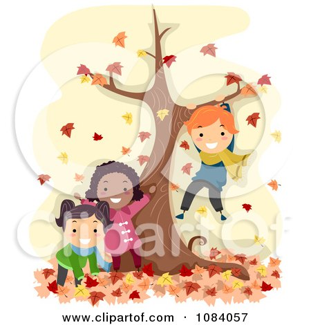 Clipart Stick Children Playing By A Tree In Autumn Leaves - Royalty Free Vector Illustration by BNP Design Studio