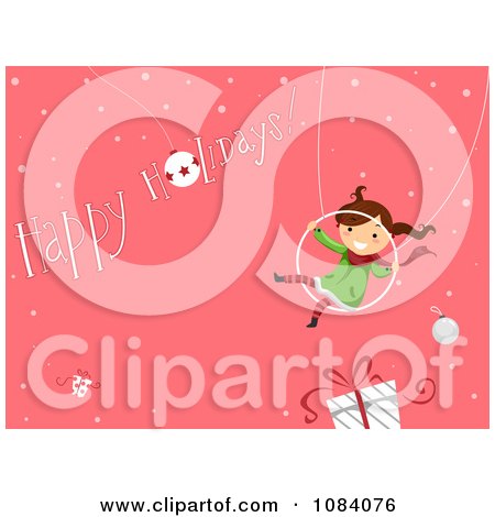 Clipart Girl Swinging Over A Gift With A Happy Holidays Greeting On Pink - Royalty Free Vector Illustration by BNP Design Studio