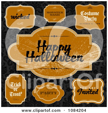 Clipart Orange Halloween Label Design Elements On Black Damask - Royalty Free Vector Illustration by BestVector