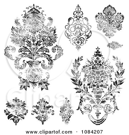 Clipart Distressed Black And White Floral Design Elements - Royalty Free Vector Illustration by BestVector