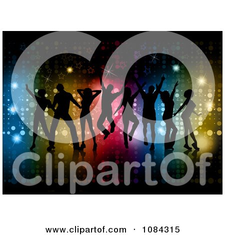 Clipart Silhouetted Dance Team Against Colorful Lights And Stars - Royalty Free Vector Illustration by KJ Pargeter