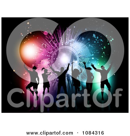 Clipart Silhouetted Dance Team Against A Grungy Colorful Burst On Black - Royalty Free Vector Illustration by KJ Pargeter
