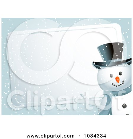 Clipart Snowman Presenting A Silver Christmas Label In The Snow - Royalty Free Vector Illustration by elaineitalia