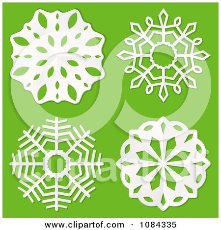 Clipart 3d White Paper Snowflakes On Green - Royalty Free Vector Illustration by elaineitalia
