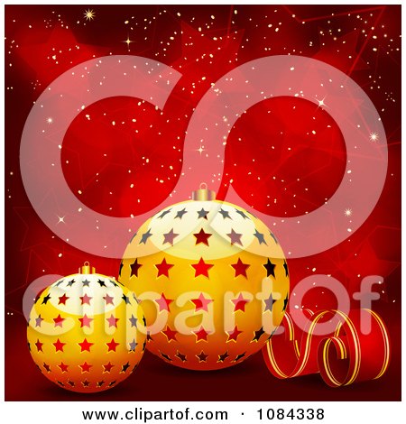 Clipart Golden 3d Christmas Baubles And A Streamer Over Red Stars - Royalty Free Vector Illustration by elaineitalia