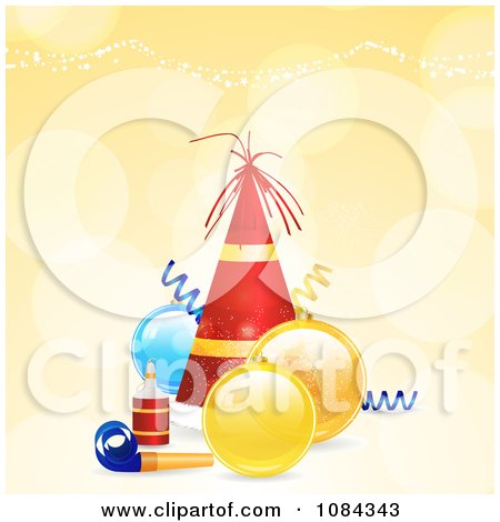 Clipart 3d Christmas Party Hat With Baubles And A Noise Maker On Orange - Royalty Free Vector Illustration by elaineitalia