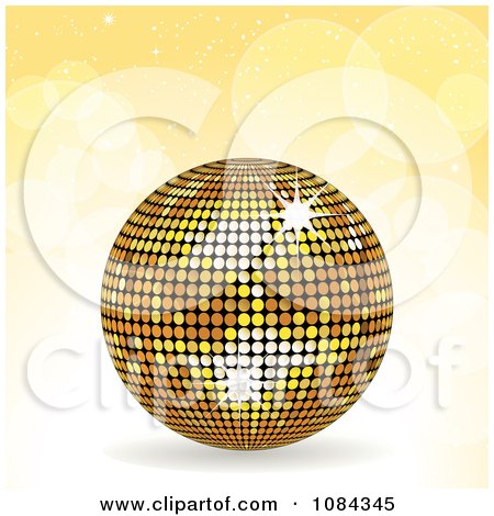 Clipart 3d Gold Disco Ball Over Yellow Flares - Royalty Free Vector Illustration by elaineitalia